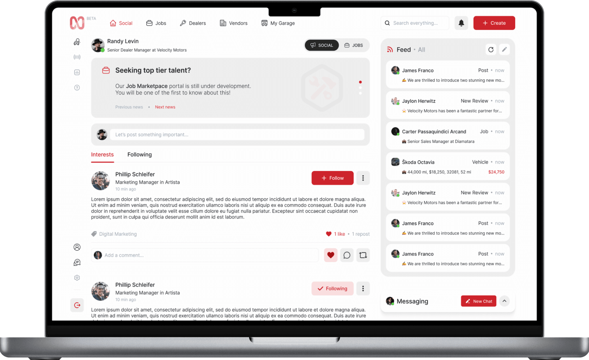 DealersLoop social feed on a laptop, showing dealer posts alongside vehicle listings, reviews, and job updates